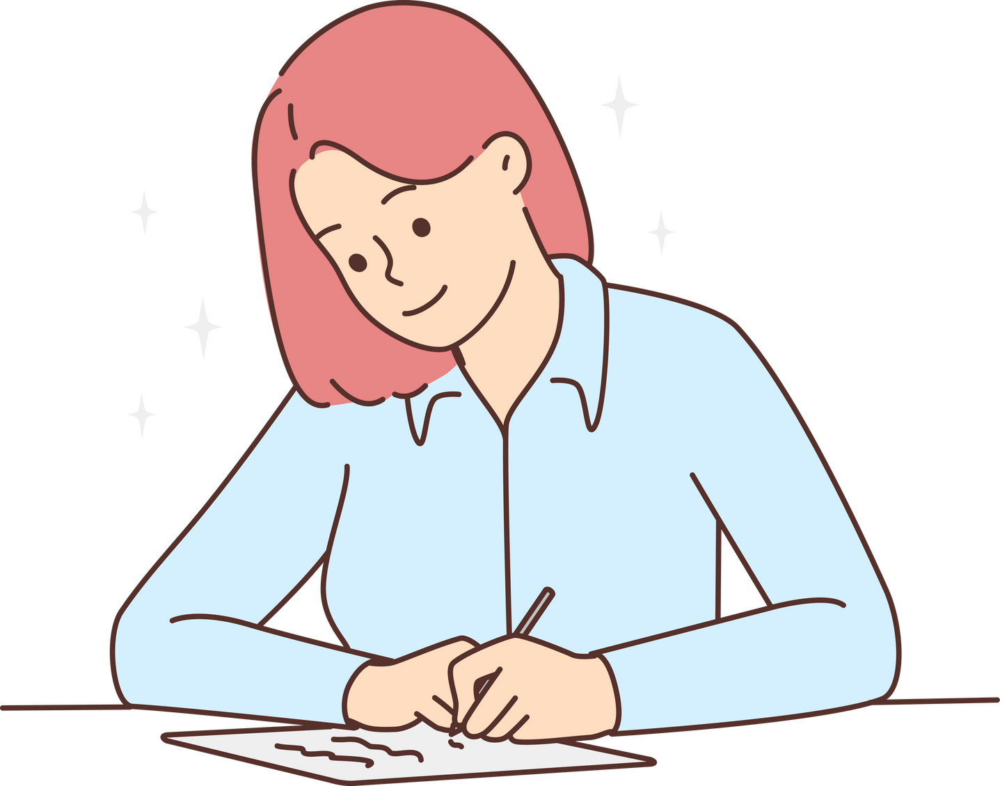 Smiling woman sit at desk writing